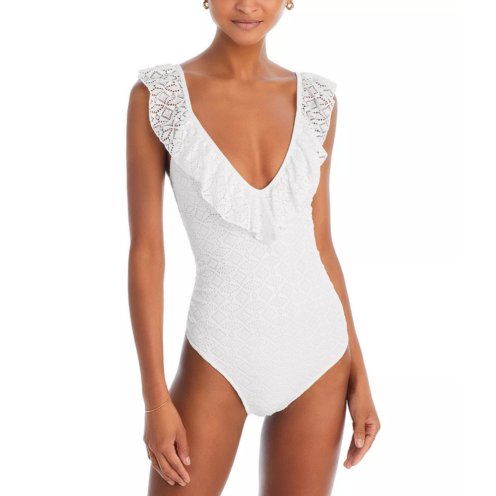 Ramy Brook Tinsley Lace Ruffle Trim One Piece Swimsuit White Size L